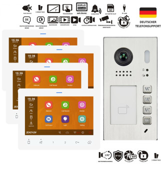 Video-Türsprechanlage 4-Familienhaus mit Aufputz Edelstahl-Außenstation und 7-Zoll-Touchmonitoren in Weiß